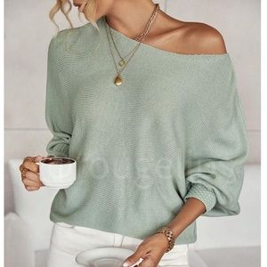 Mint Green Boat Neck Light Knit Sweater Batwing Sleeve Loose Fit, Stretchy